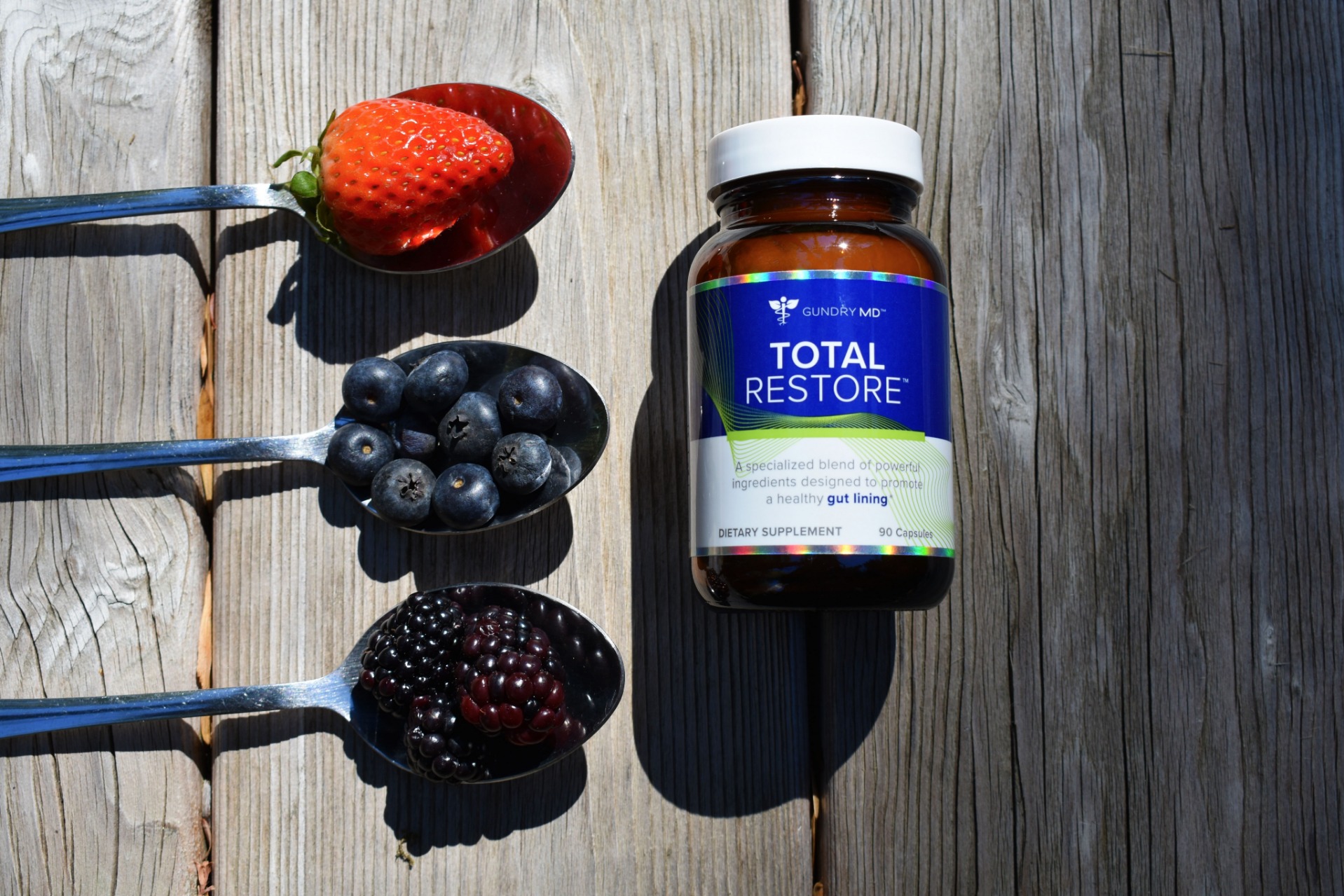 Container of Total Restore - 16 gut-boosting ingredients, it helps to naturally “patch up” the holes in your digestive system